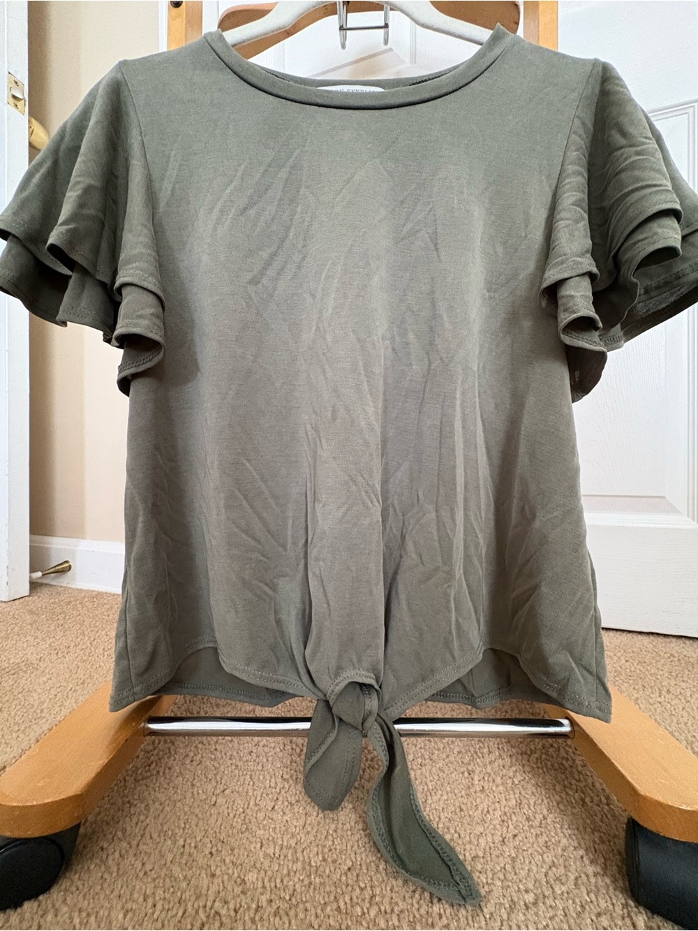 Olive green Tie-Front Ruffle Sleeve Top.